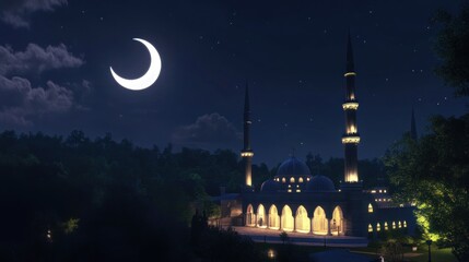 Poster - Night scene of a mosque illuminated under a crescent moon