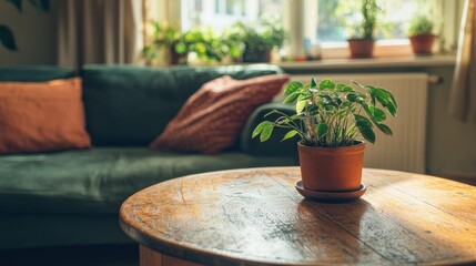 Poster - Green Plant Potted On Wooden Table Cozy Living Room