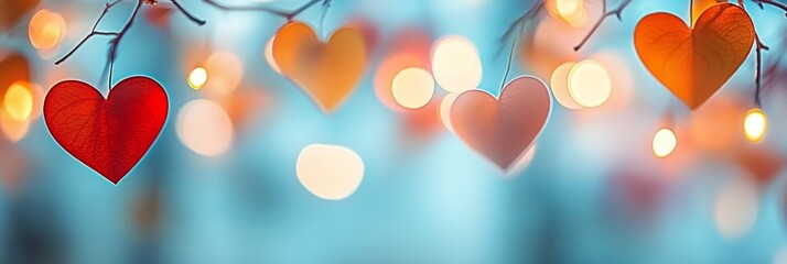 Canvas Print - Orange And Red Paper Hearts Hanging On A Tree Branch With Bokeh Lights, Valentine s Day Background.