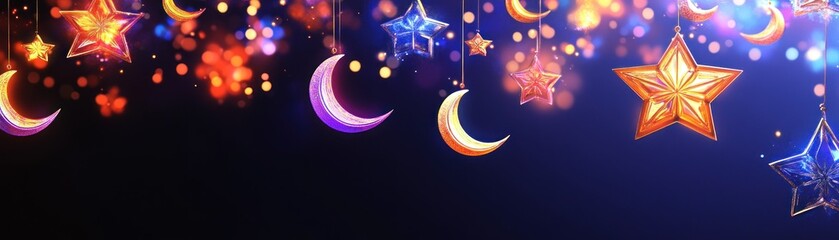 Poster - Glowing Stars and Moons Hang Against a Dark Background