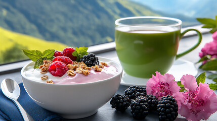 Wall Mural -  serene breakfast nook with greek yogurt and berries