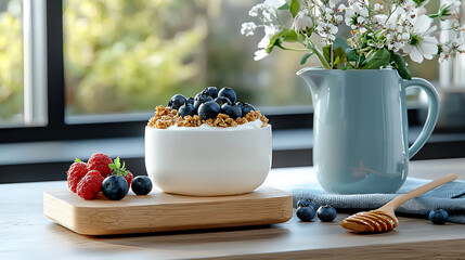 Wall Mural -  serene breakfast with greek yogurt and green tea