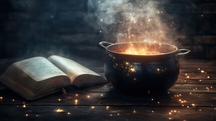 Aufkleber - Glowing Cauldron and Ancient Book on Wooden Table