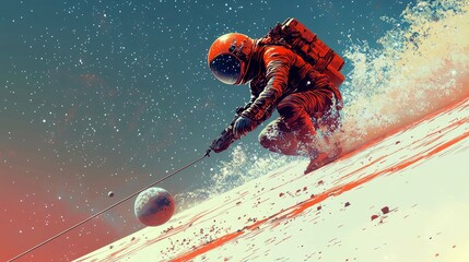 Wall Mural - astronaut skiing on an alien planet: a cosmic winter wonderland adventure in space. futuristic space