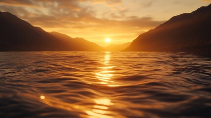 Canvas Print - Golden Sunset Over Calm Mountain Lake Water