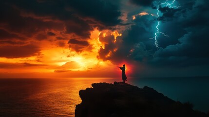 Canvas Print - Silhouette of a person on a cliff at sunset with a dramatic sky