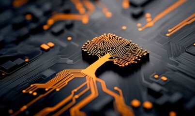 Poster - Abstract Circuit Board with Tree Design in Orange and Black
