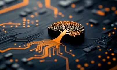 Poster - Abstract Circuit Board with Tree Design in Orange and Black