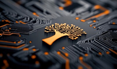 Poster - Abstract Circuit Board with Tree Design in Orange and Black
