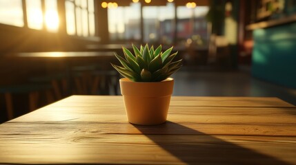 Aufkleber - A succulent plant sits on a wooden table in sunlight