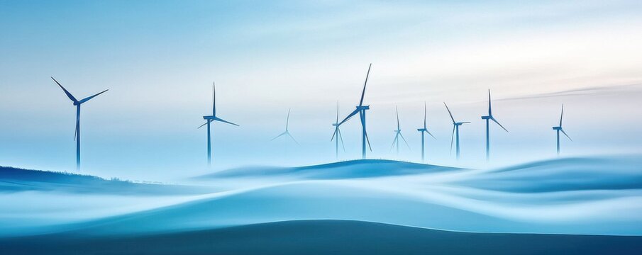 landscape of wind turbines at sea against the blue sky- obscured by fog and mist.