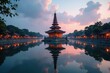 © Katherina - Reflections of Buddhist stupa on flooded canal, Bangkok skyline, urban landscape, murky water
