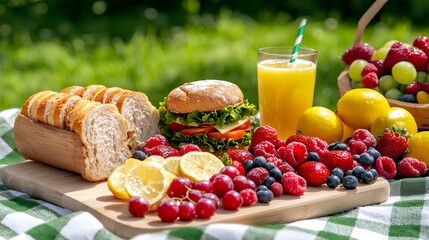 Wall Mural -  summer picnic with fresh fruits and lemonade