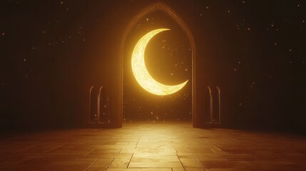 Canvas Print - Golden Crescent Moon Shines Through Archway In Night