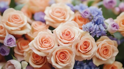 Wall Mural - Peach roses and purple flowers bouquet arrangement