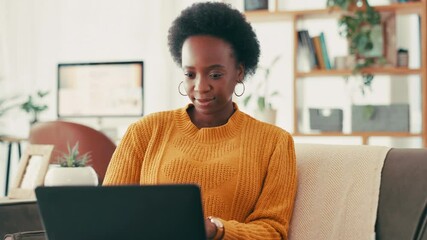 Poster - Laptop, research and black woman on sofa in home with remote work for creative freelance project. Computer, typing and African female journalist with online blog for content creation in apartment.