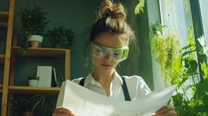 Poster - Woman reviewing architectural blueprints in a sunlit room