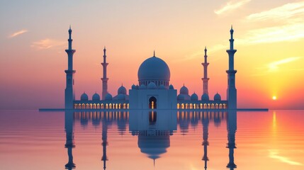 Poster - Majestic Mosque Reflecting in Sunset Waters