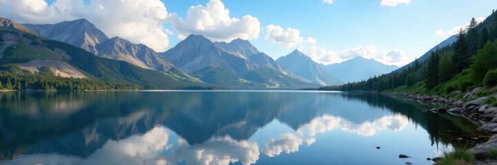 Wall Mural - Mountain peaks reflected in a lake on Beartooth Highway, natural scenery, clouds