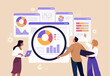 © nadzeya26 - Business Data Analytics Concept. Vector illustration in flat style of a close-up group of people analyzing tabs with graphs and statistics. Isolated on background