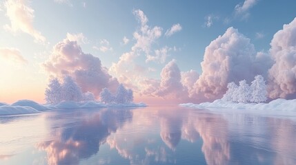 Poster - Serene Winter Landscape with Snow Covered Trees and Calm Water
