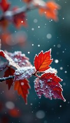 Wall Mural - Snowflakes gently falling on frosty autumn leaves, snowflake, nature