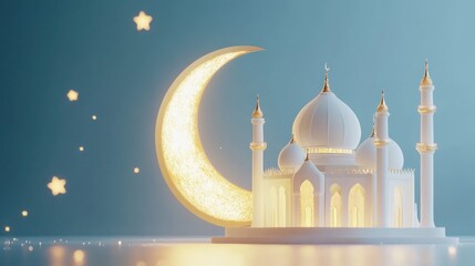 Poster - Elegant Mosque Model Illuminated by Crescent Moon and Stars
