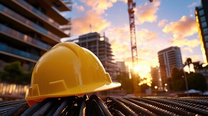 Poster - yellow safety helmet on construction site with sunset background and cranes in urban setting for ind