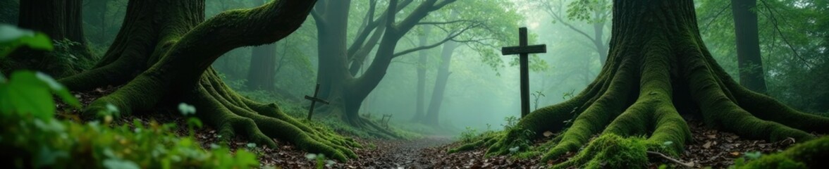 Wall Mural - Twisted tree branches with moss-covered crosses in a misty forest floor, twig, trees