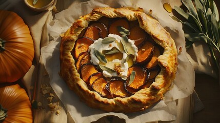 Wall Mural - Rustic Autumn Pumpkin Galette with Sage and Honey - Perfect for Thanksgiving Celebrations