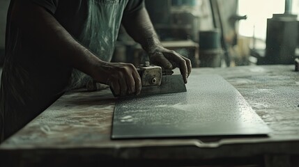 Poster - Craftsman meticulously shaping metal sheet in workshop