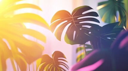 Wall Mural - Sunlit Monstera Leaves In A Tropical Setting