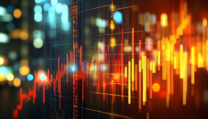 Poster - Financial Data Screen Displaying Stock Market Growth, with Rising Trend Lines and City Lights Bokeh