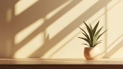 Poster - Plant in Pot on Wooden Table in Sunlight