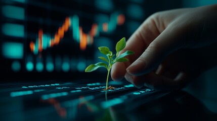 Poster - Sustainable Investment Hand Holding Green Sprout With Stock Market Data and Graph In Background