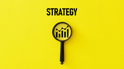 Poster - Magnifying glass focuses on chart as Business development strategy and action plan. What is your online marketing strategy