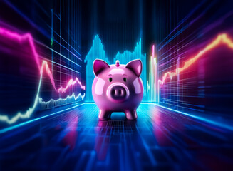 Double exposure image featuring a pink piggy bank in the foreground, layered with dynamic financial graphs in the backdrop, illustrating modern savings and investment concepts.