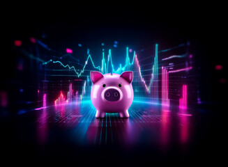 Wall Mural - Double exposure of a piggy bank overlayed with glowing digital financial graphs.  Bright neon colors contrast against a dark background, suggesting modern finance.