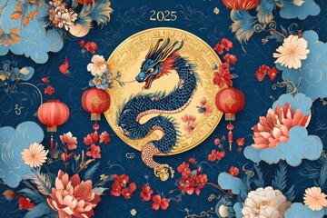 Wall Mural - Year of the dragon art with flowers, lanterns and clouds for 2025 celebration