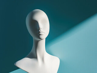 minimalist white mannequin head is elegantly posed against teal background, casting soft shadow. serene expression and smooth surface create sense of calm and simplicity