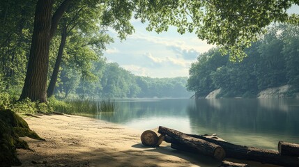 Poster - Serene Lakeside Scene With Logs And Lush Green Forest