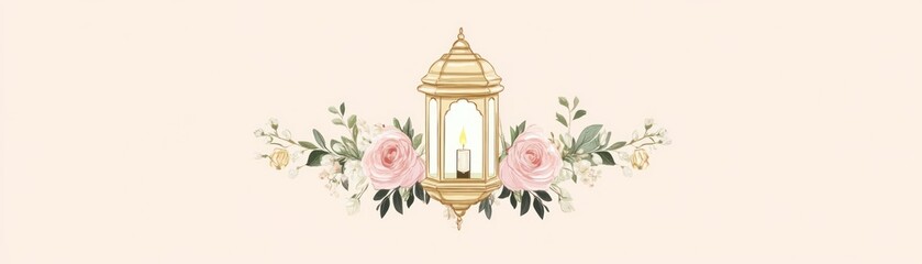 Wall Mural - Ornate Lantern with Pink Roses and a Lit Candle