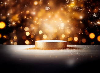 Wall Mural - golden platform presents in a double exposure scene with a blurred, sparkling golden bokeh backgroun