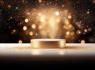 Wall Mural - golden podium stands in soft light with a double exposure effect of sparkling bokeh and glitter. ide