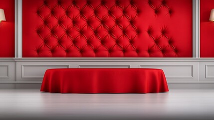 Wall Mural - Elegant red interior featuring tufted wall and a smooth table, creating a luxurious ambiance