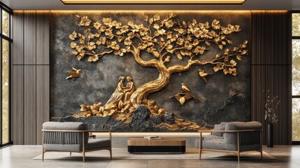 Wall Mural - Golden tree wall art in modern living room