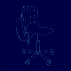 Poster - A chair with a backpack on it. The chair and backpack is blue outline. The chair is designed to be a comfortable place to sit and the backpack is meant to be carried on the chair
