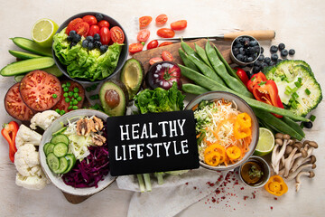 Wall Mural - Table full with organic vegetables for making salad.