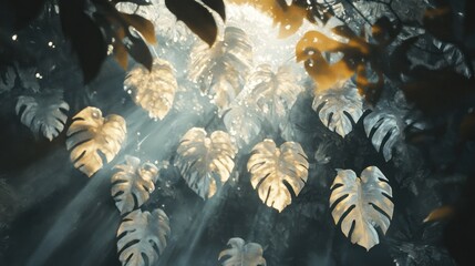 Wall Mural - Golden Monstera Leaves Basking In Sunlight