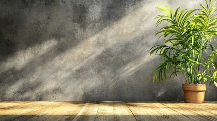 Aufkleber - Sunlit Wooden Floor and Greenery Against a Concrete Wall